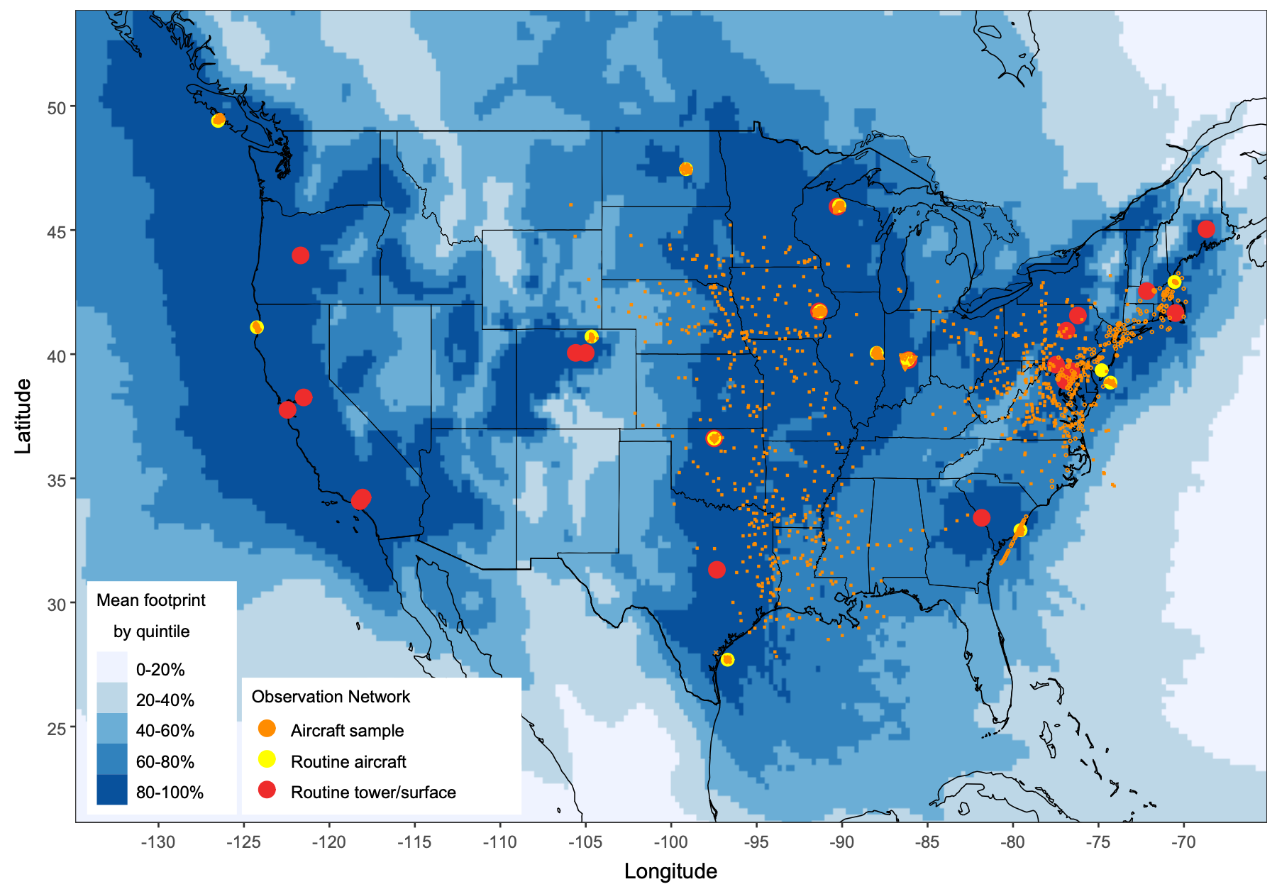 Mean atmospheric footprint and observation network across the contiguous U.S.
