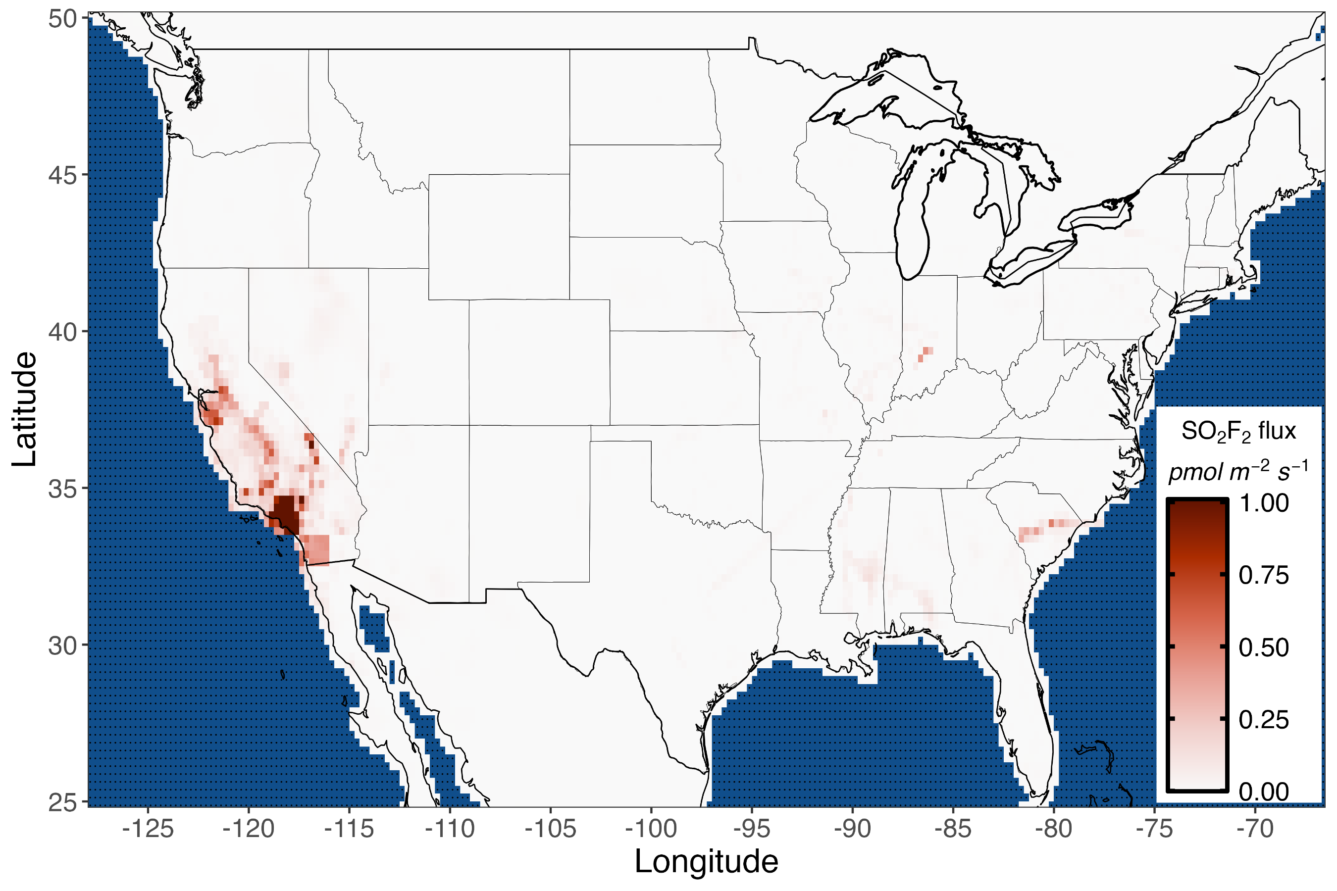 Map of SO2F2 flux across the U.S., concentrated in California